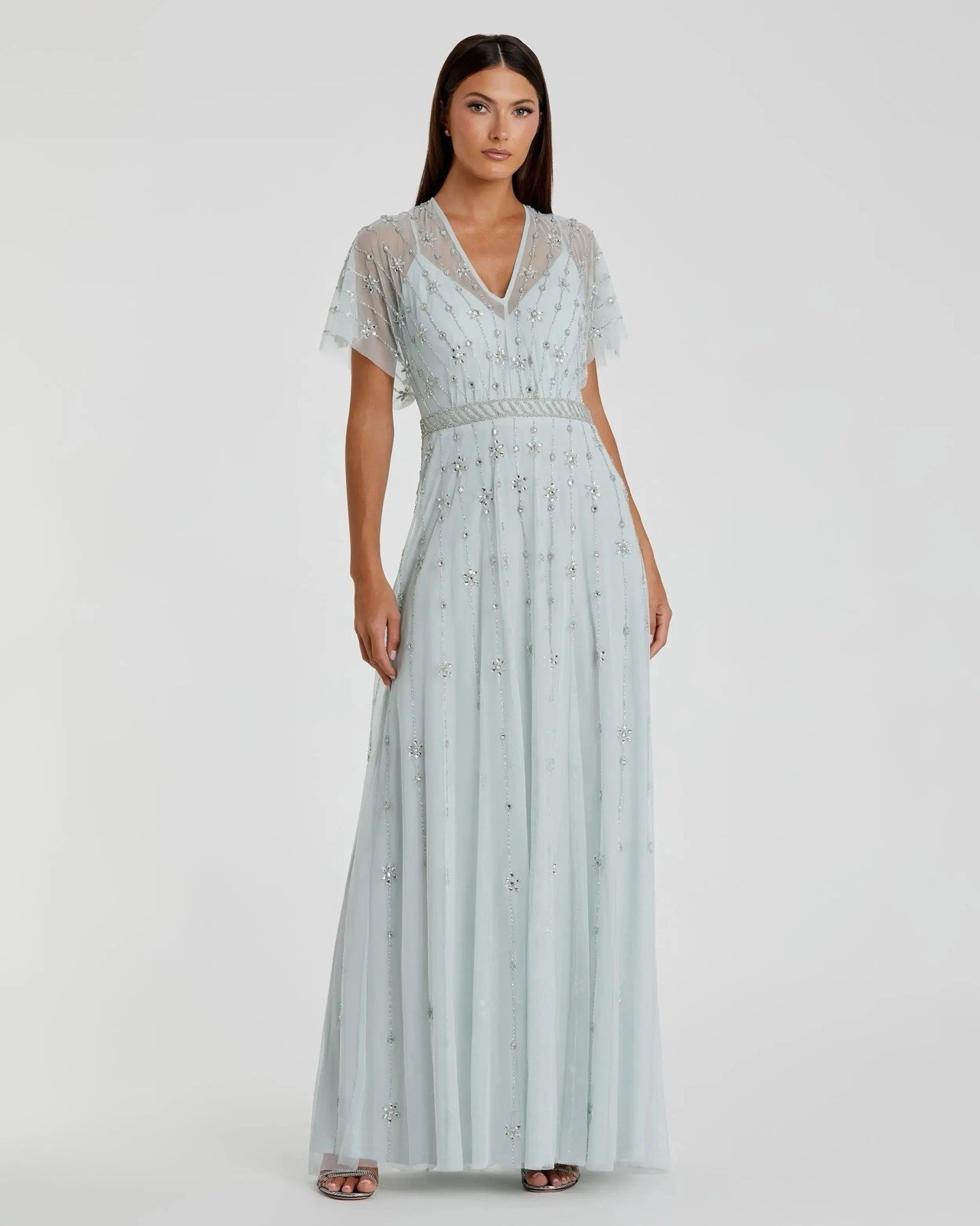 MAC DUGGAL 9223 V-NECK EMBELLISHED FLUTTER SLEEVE A-LINE MIST GOWN size 16