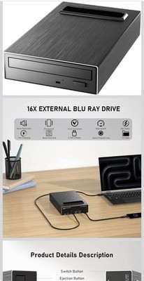 4 in 1 External Blu Ray Drive, 16x USB 3.0 and Type-C External Bluray Drive,
