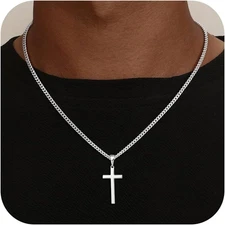 925 Sterling Silver Cross Necklace for Men, 3.5MM Diamond Cut Cuban Link Chain S