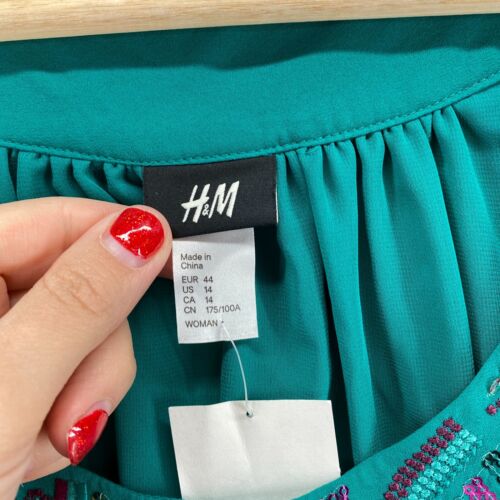 New H&M Sundress Women 14 Green Midi Sequin Round Neck Short Sleeve Casual - Picture 7 of 10