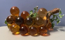 Vintage MCM Amber Lucite Cluster 20 Grapes On Driftwood Mid Century Modern