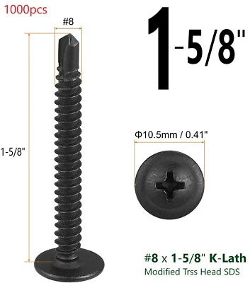 CYW ,IFG AND OTHERS Modified Truss Head Self Drilling / Tapping Screws #8 x 1-5/8" K-Lath Black 1000