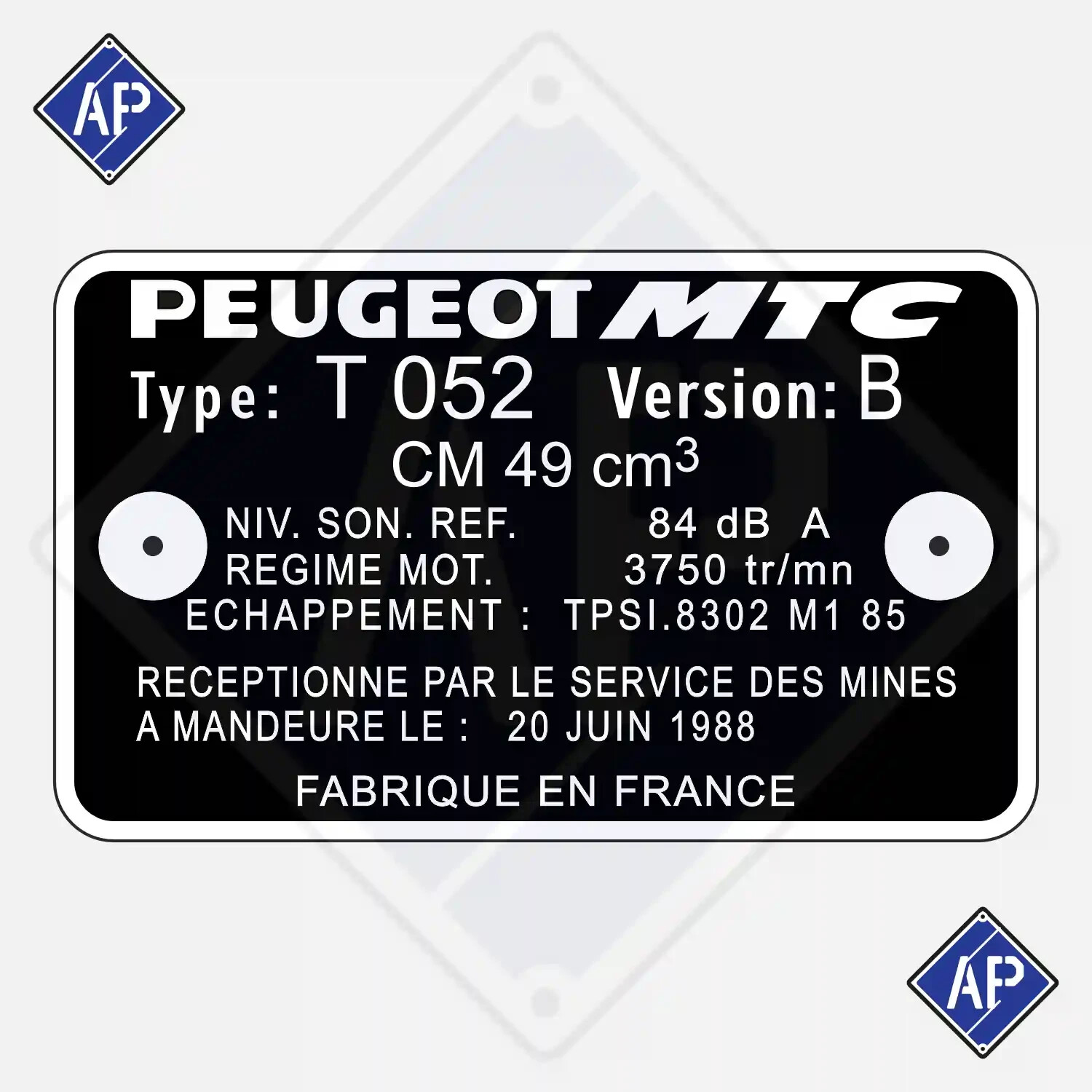 Plaque mine Peugeot 103 type T052 version B en aluminium pour cyclomoteur vintage
