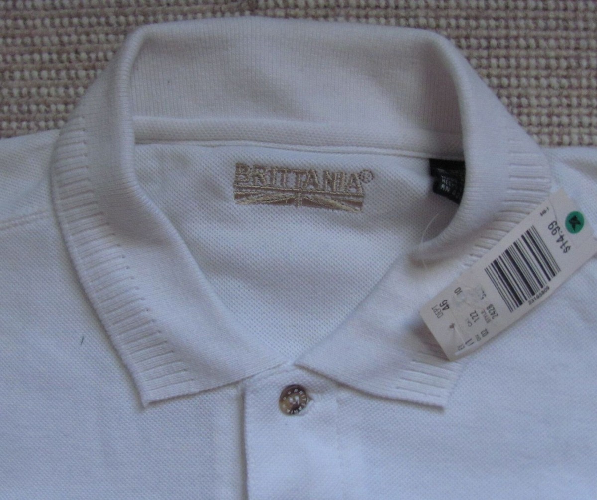 Brittania Mens Large Polo White Cotton Golf Short Sleeve Brittania Mens Large Polo White Cotton Golf Short Sleeve