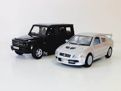 Lot of 2 Die Cast Metal Pull Back Toy Vehicles Merc-Benz G63 AMG Lancer Evo 7
