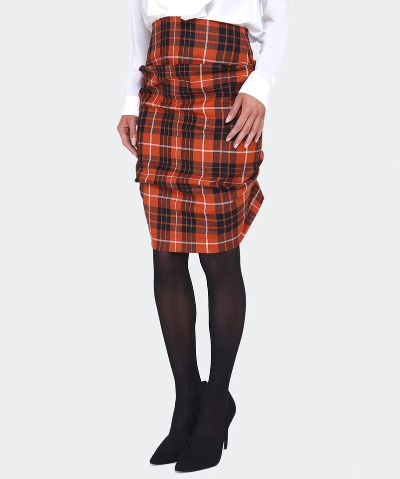 VIVIENNE WESTWOOD Anglomania Wool Pin Tuck Orange & Black Plaid Ruched Skirt