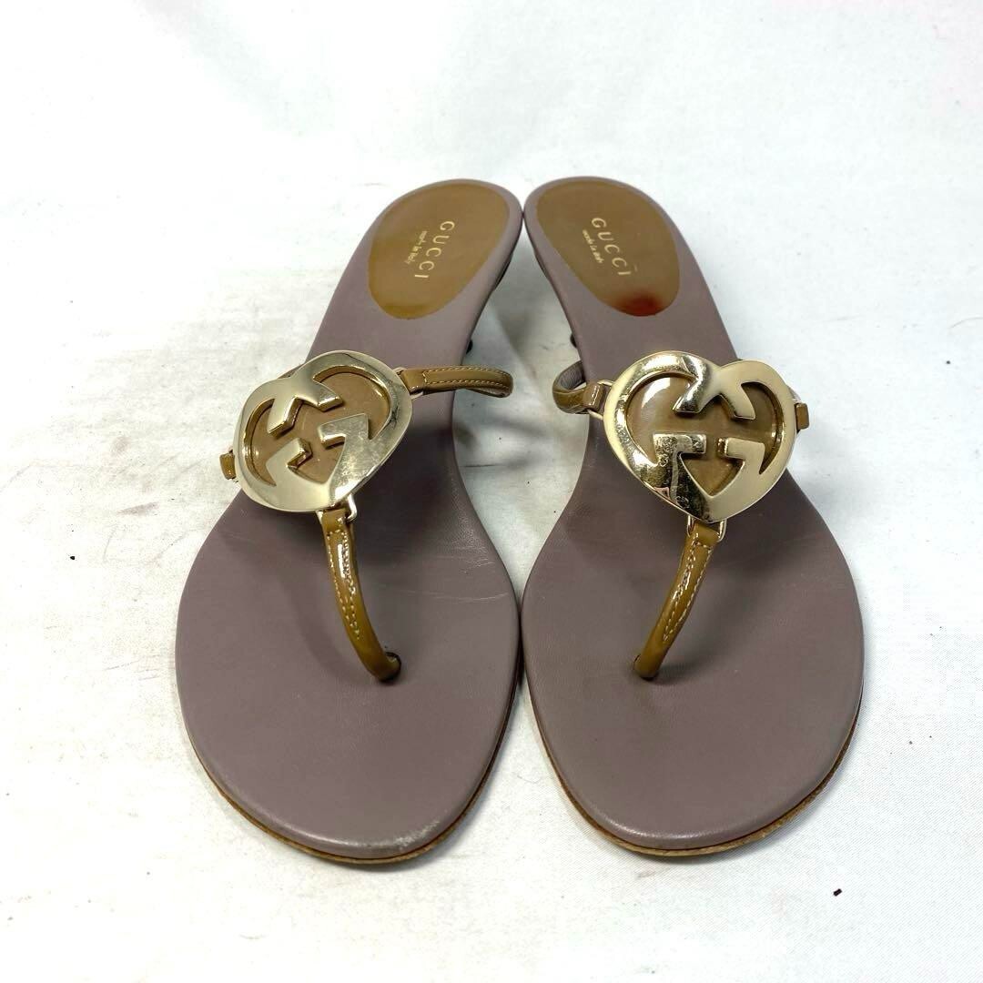GUCCI ゴールド金具＆刻印 サンダル EU36.5 GUCCI GG Logo Heart Strap Slides Brown EU36 Low Heels