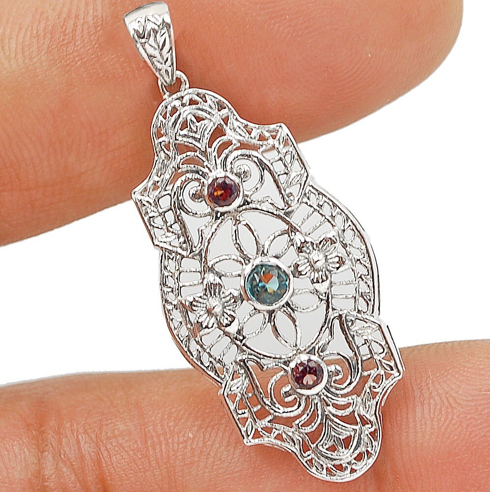 Natural Aquamarine & Amethyst 925 Sterling Silver Victorian Style Pendant Y1180