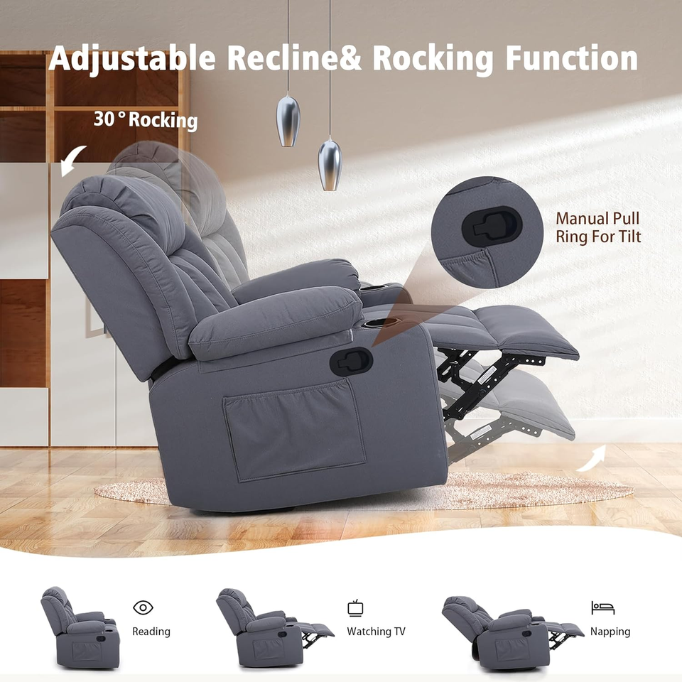 Overstuffed Rocker Swivel Recliner Chair with Massage & Heat - Grey ...