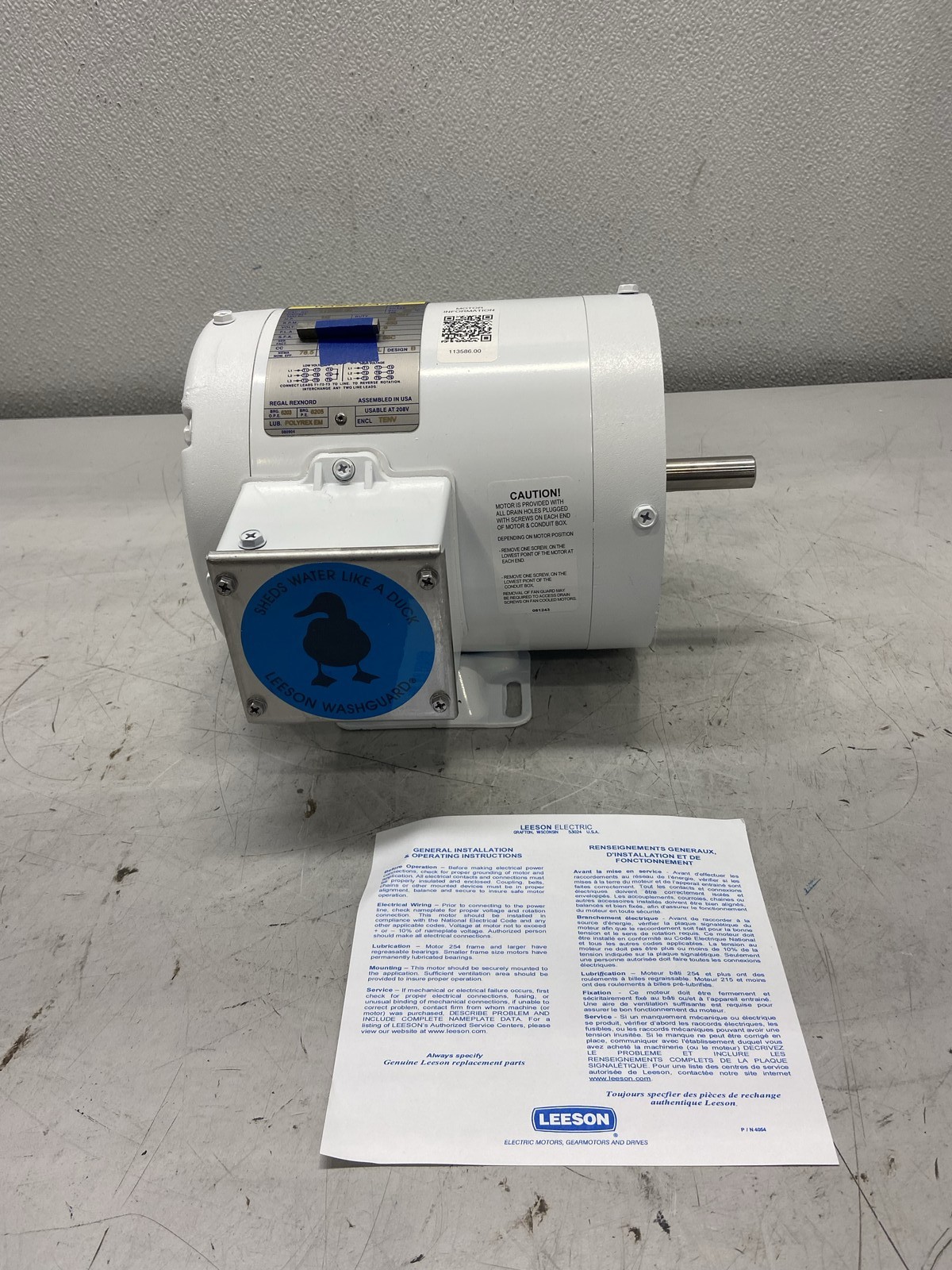 Leeson 1/2HP 1725RPM 56C 3PH Epoxy Washdown Motor 113586.00