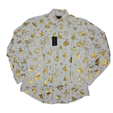 Barry Wang Long Sleeve Christmas Shirt Small White with Gold Print 20% Silk