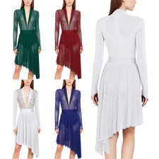 US Women Lyrical Dance Dress Long Sleeve Asymmetrical Flowy Tulle Skirt Leotard