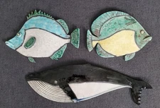 Vintage Alcamo Pottery Ceramic Humpback Whale + 2 Fish Wall Art Sicily Italy 3pc