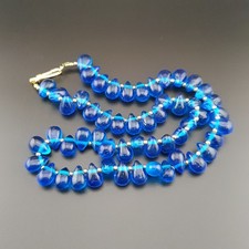 Vintage Blue Glass Beaded Necklace with Gold Color Accents 20in 12.9mm