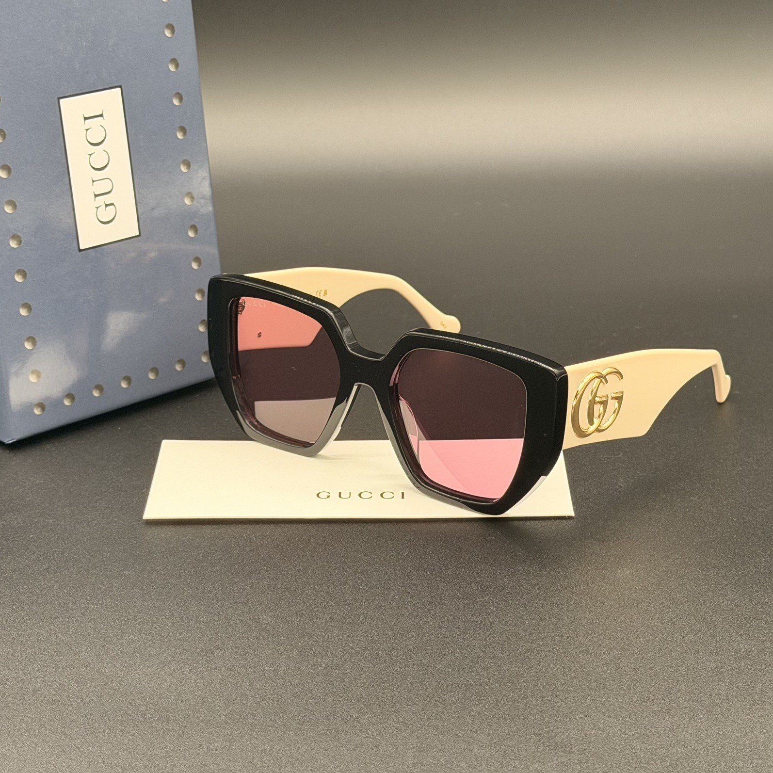 Gucci GG0956S 002 Oversized Square Sunglasses Black White Pink Lens Ships Today
