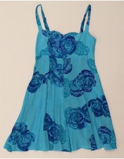 VINTAGE Womens Sleeveless A-Line Dress UK 4 XS Blue Floral CJ03