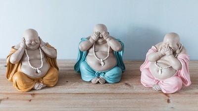Lot of 3 Deaf and Mute Blind Resin Buddha Statuettes Zen Figure