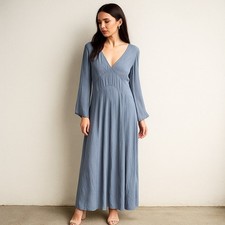 Vince Maxi Dress Womens 12 Blue Long Sleeve V Neck Tie Back Gown Satin Preppy