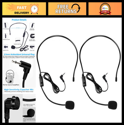 2Pcs Flexible Wired Boom Microphone Headset, 3.5mm Jack for Singing, Teaching &