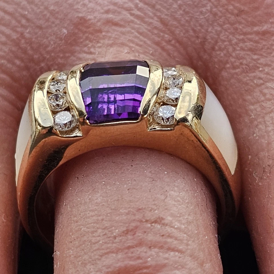 Anel Kabana ametista madrepérola incrustada anel de diamante ouro amarelo 14k 10g tamanho 6,75 - Imagem 3 de 4