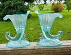 Vintage Pair Fenton? Pale Blue Iridescent Glass Cornucopia Candlestick Holders