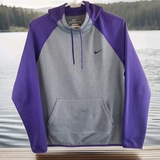 Women's Medium Nike Therma-Fit Hoodie Purple Grey With Swoosh, Thumb Holes