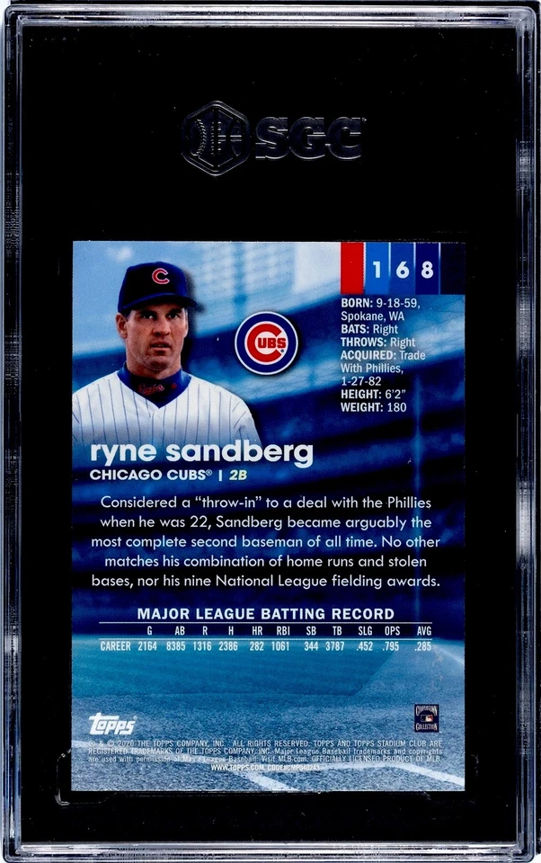 2020 Topps Stadium Club Chrome #168 Ryne Sandberg SGC 10 GEM MINT - Image 2 of 2