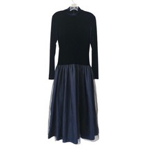 Navy Blue Velvet Mock Neck Long Sleeve Tulle Maxi Dress Drop Waist Formal Medium