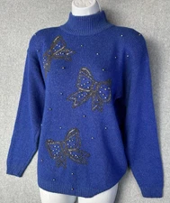 Dana Scott Vintage Beaded Bow Sweater Women M Blue Silk Angora Blend Mock Neck