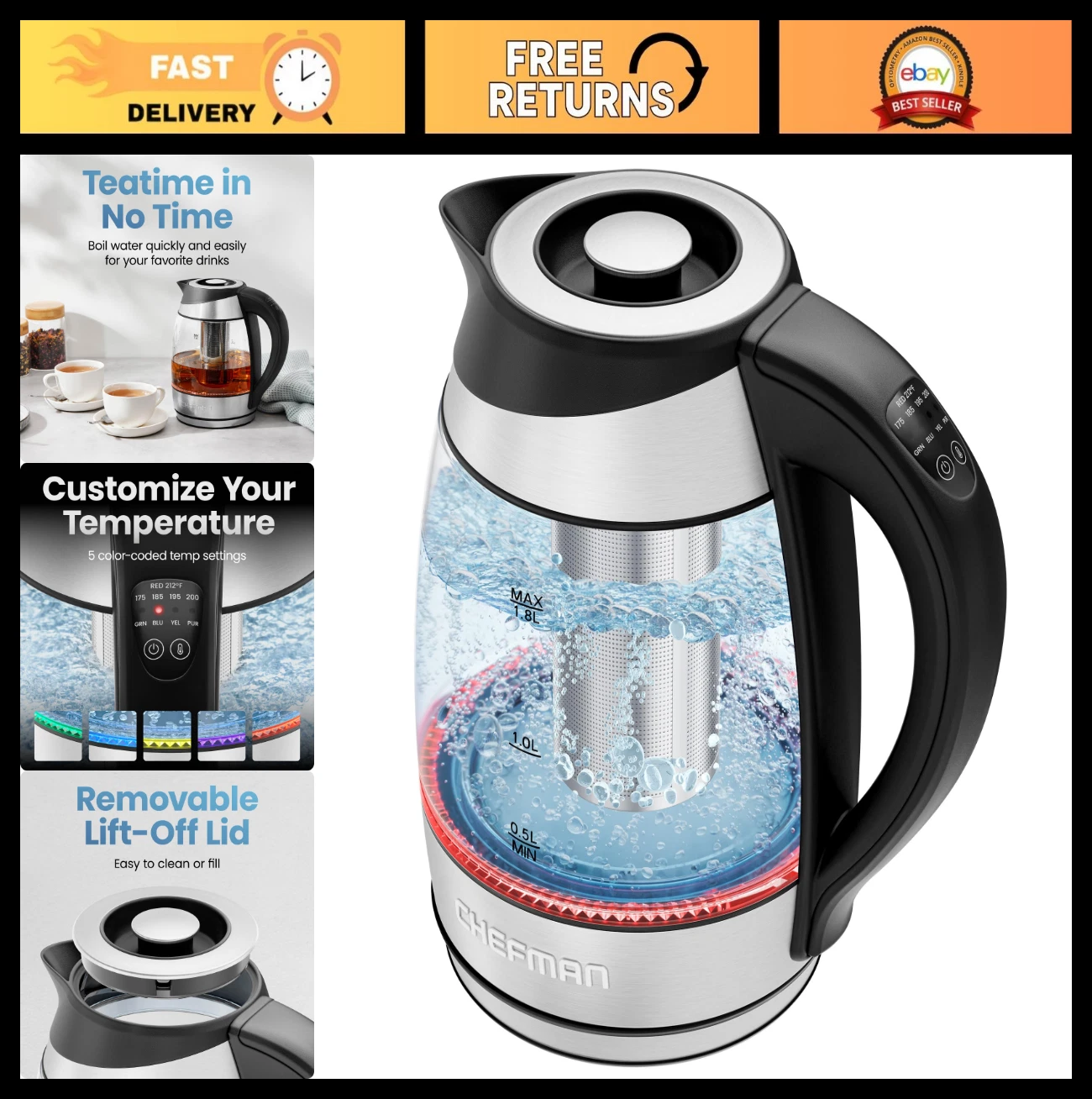 Electric Kettle with Temperature Control, 5 Presets, Glass & Stainless Steel, 1.