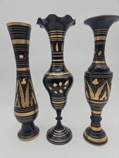 Set Of 3 Vintage Gold Etched Black Brass Tall Vases Made In India