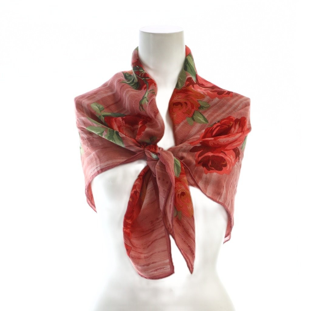Yves Saint Laurent Large Scarf Stole Logo Floral Pattern Red Women's Authentic