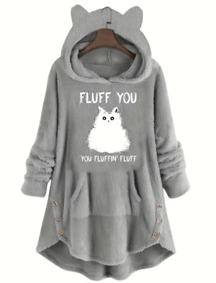 NWT 2X Grey White Cat YOU FLUFFING FLUFF Teddy Hoodie Kangaroo Pocket Sweatshirt