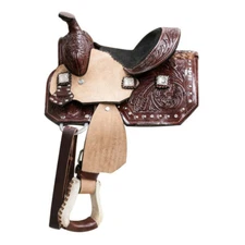 8" Double T Pony Horse Saddle with Floral Tooling and Crystal Rhinestone Conchos