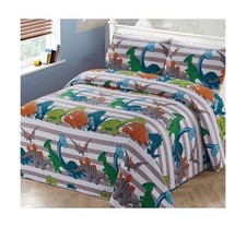 2pc Twin Bedspread Coverlet Quilt Set Kids/Teens Childrens Multi-Color Dinosa...