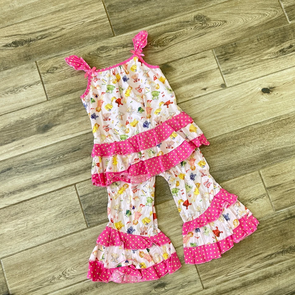 Ann Loren Girls Sz 6 Pink Colorful Ruffle Bottom Top Pants 2 Piece Outfit Set - Image 2 of 4