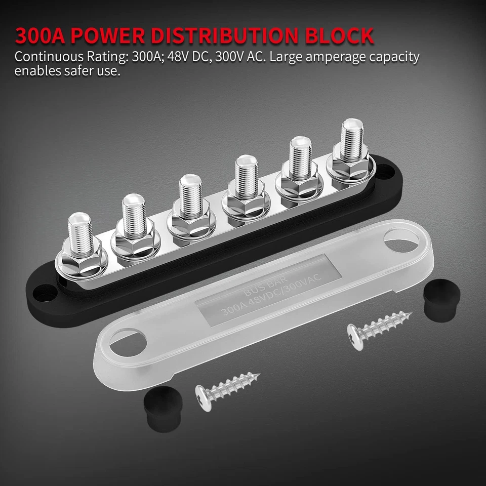 300A Bus Bar 12V Marine 12V Power Distribution Block with Cover 6 X 3/8" (M10) T - Image 3 of 4