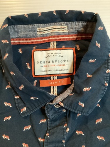 Camicia uomo denim e fiori taglia L slim fit manica corta con bottoni stampa volpe - Foto 3 di 5