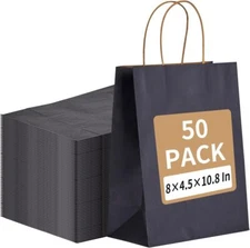 RACETOP 50 Pack 8x4.5x10.8 inch Medium Navy Blue Kraft Paper Bags with Handles
