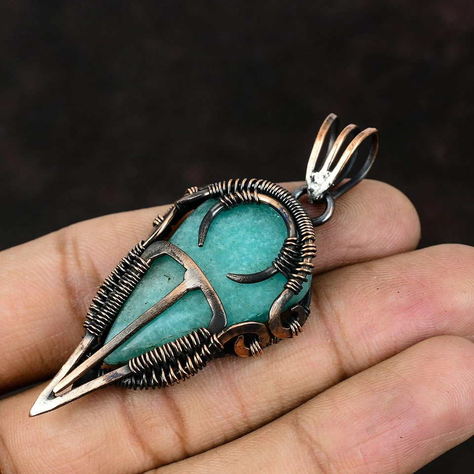 Joyería de piedras preciosas amazonita regalo de cobre para madre alambre envuelto colgante 2,64" Foto 3 de 4