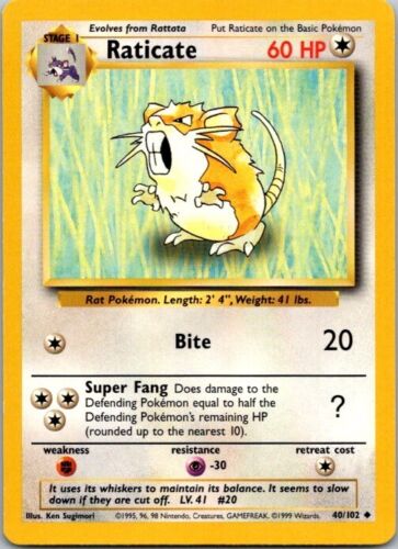 Pokemon Card - #40 Raticate Non Holo Rare WOTC 1999 Vintage