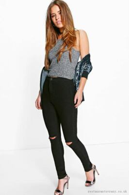 Jean Boohoo Petite Leanne taille haute fendue genou tube taille UK
