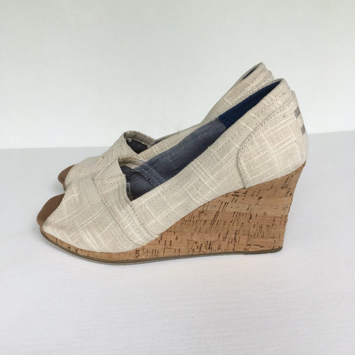 Toms Stella Peep Toe Canvas Cork Wedges Off White Size 7.5 711215