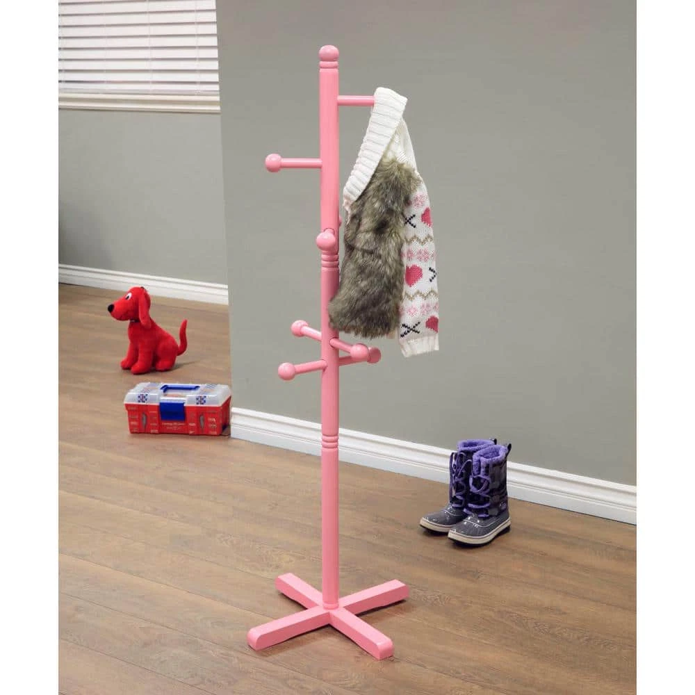 Kids Coat Rack Pink 8-Hook Wood Tree Standing Jacket Backpack Hat Hanging