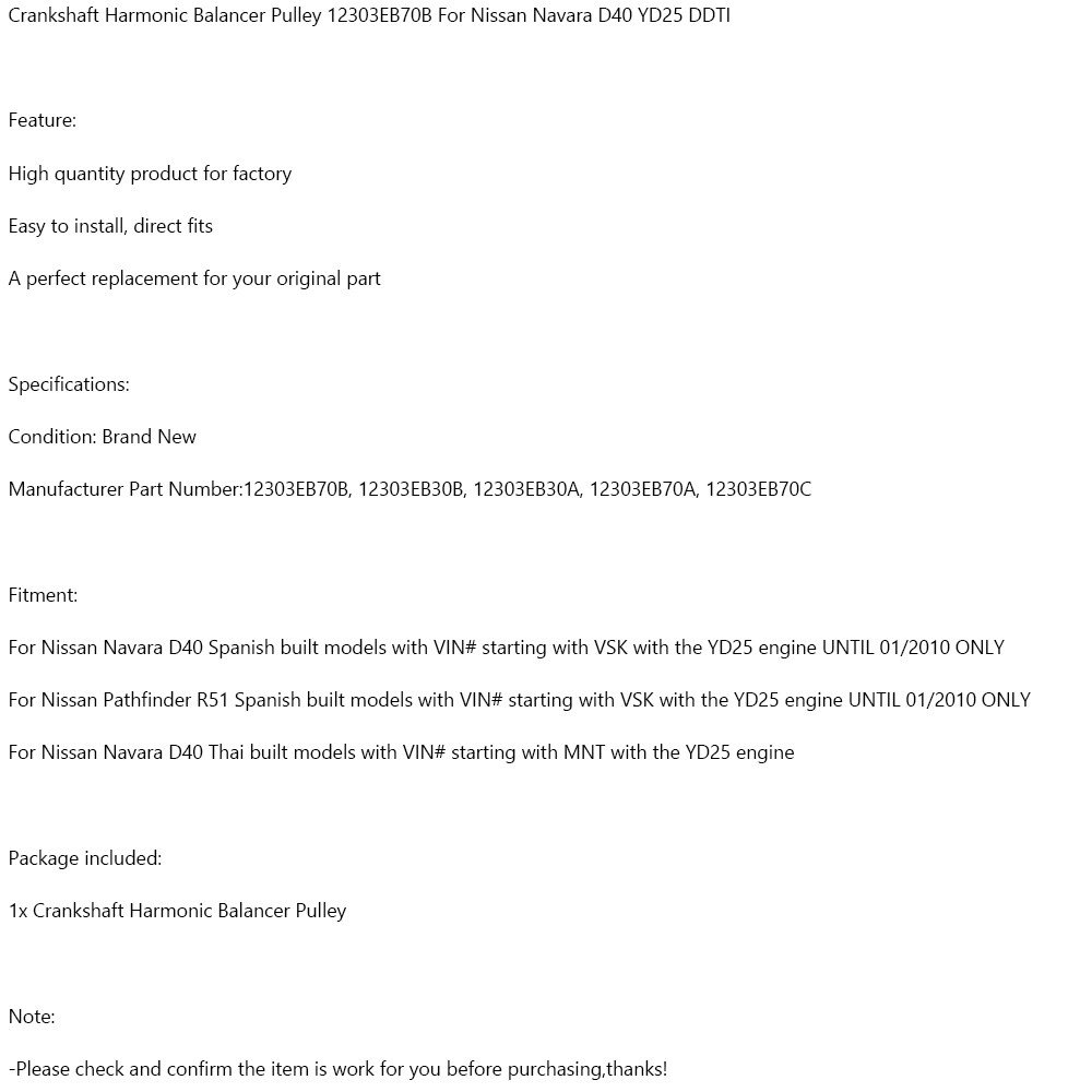 Crankshaft Harmonic Balancer Pulley 12303EB70B for Nissan Navara D40