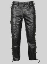 Men's Black Genuine Leather Laced up Biker pants Jeans