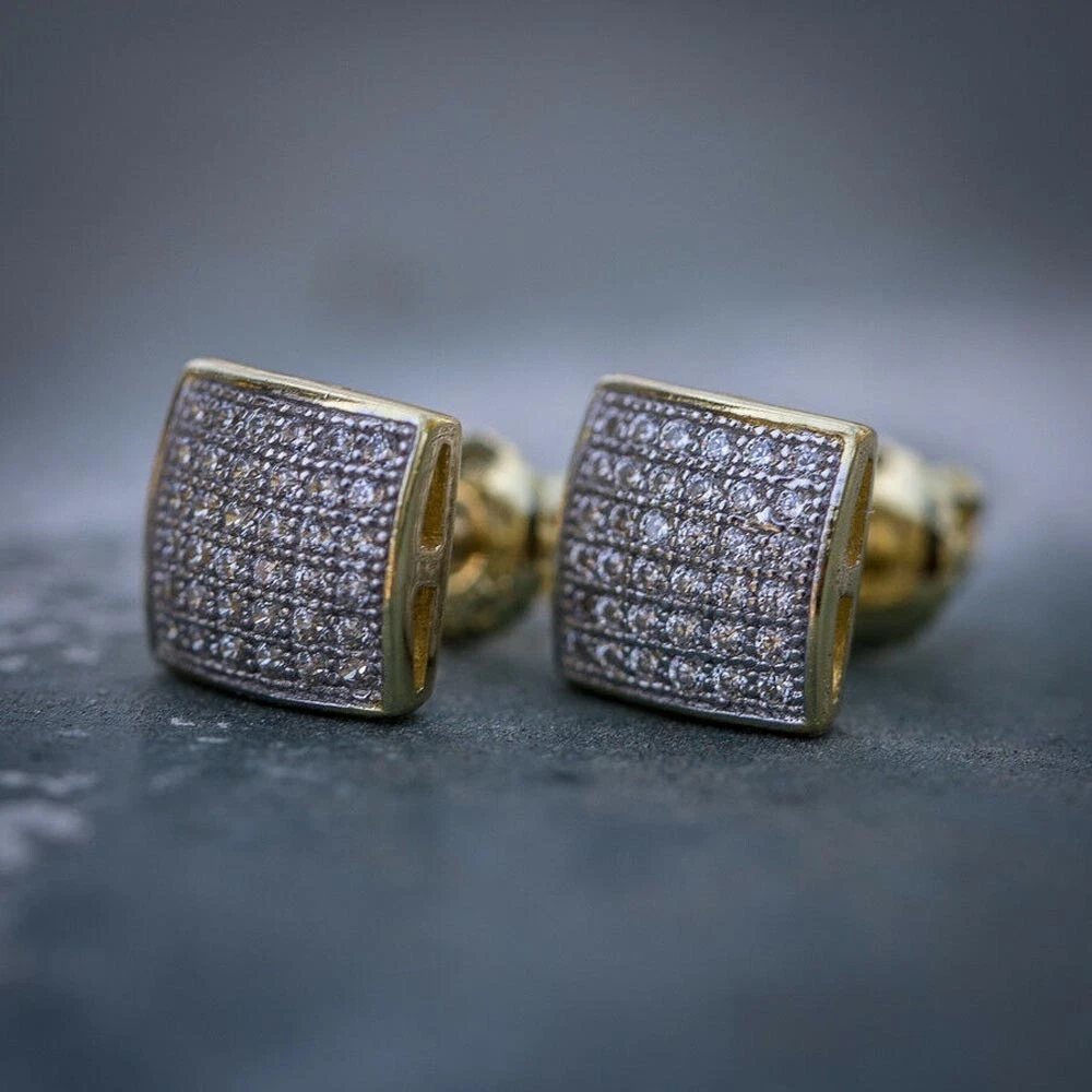 Men s Cubic Zirconia Small Square Cluster Stud Earrings 14K Gold