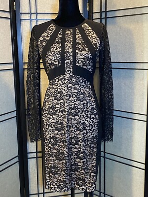 Ivanka Trump Black & Nude Cocktail Dress Size 4 Lace & Metallic Silhouette Midi