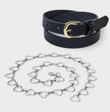 Art Class Girls Belt Set 2 Pack Black Belt Gold Buckle Silver Chain Belt Size M
