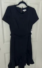 New CALVIN KLEIN Size 8 Ruffled Tulip-Hem Crepe Dress Self-Tie Belt Black